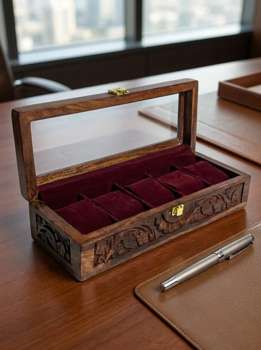 Handcrafted Wooden Watch Box | Glass Lid, Hand-Carved Panels, Shape-Holding Cushions, 5 Watches
