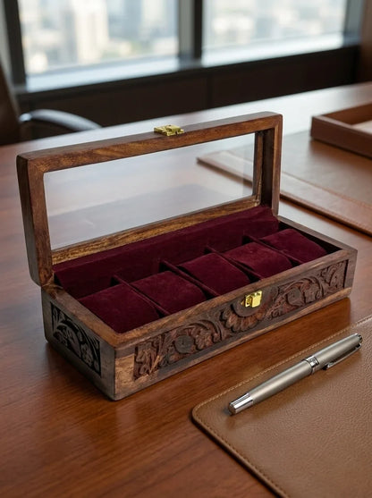Handcrafted Wooden Watch Box | Glass Lid, Hand-Carved Panels, Shape-Holding Cushions, 5 Watches