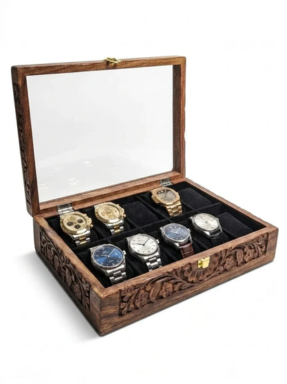 Handcrafted Wooden Watch Box 10 Slots | Glass Lid, Carved Design, Soft Velvet Cushions | Sheesham Wood