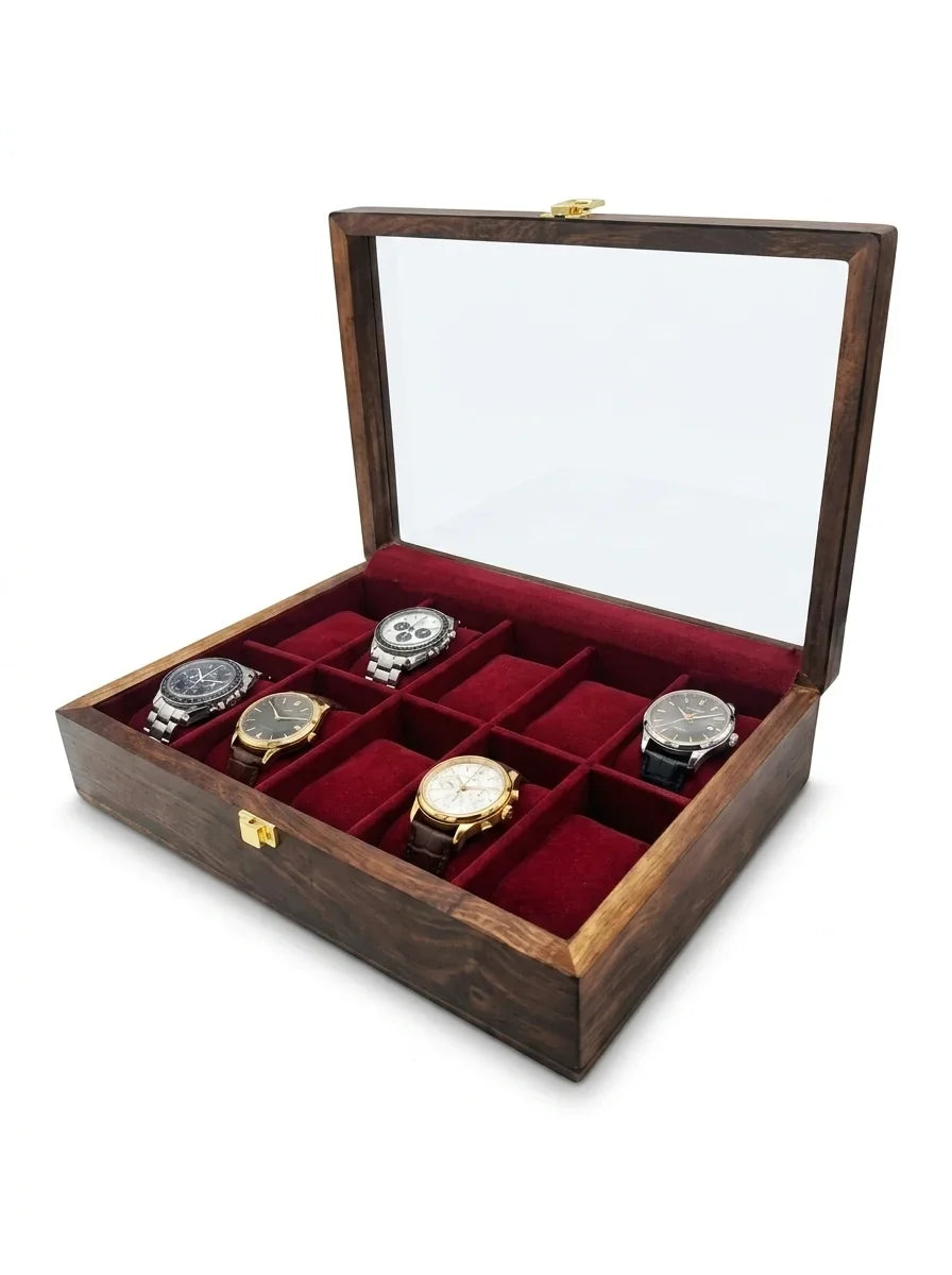 Handcrafted Wooden Watch Box 10 Slots | Glass Lid, Plain Design | Sheesham Wood