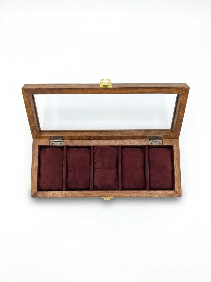 Handcrafted Sheesham Wood Watch Box with Glass Lid | Organizer for 5 Watches