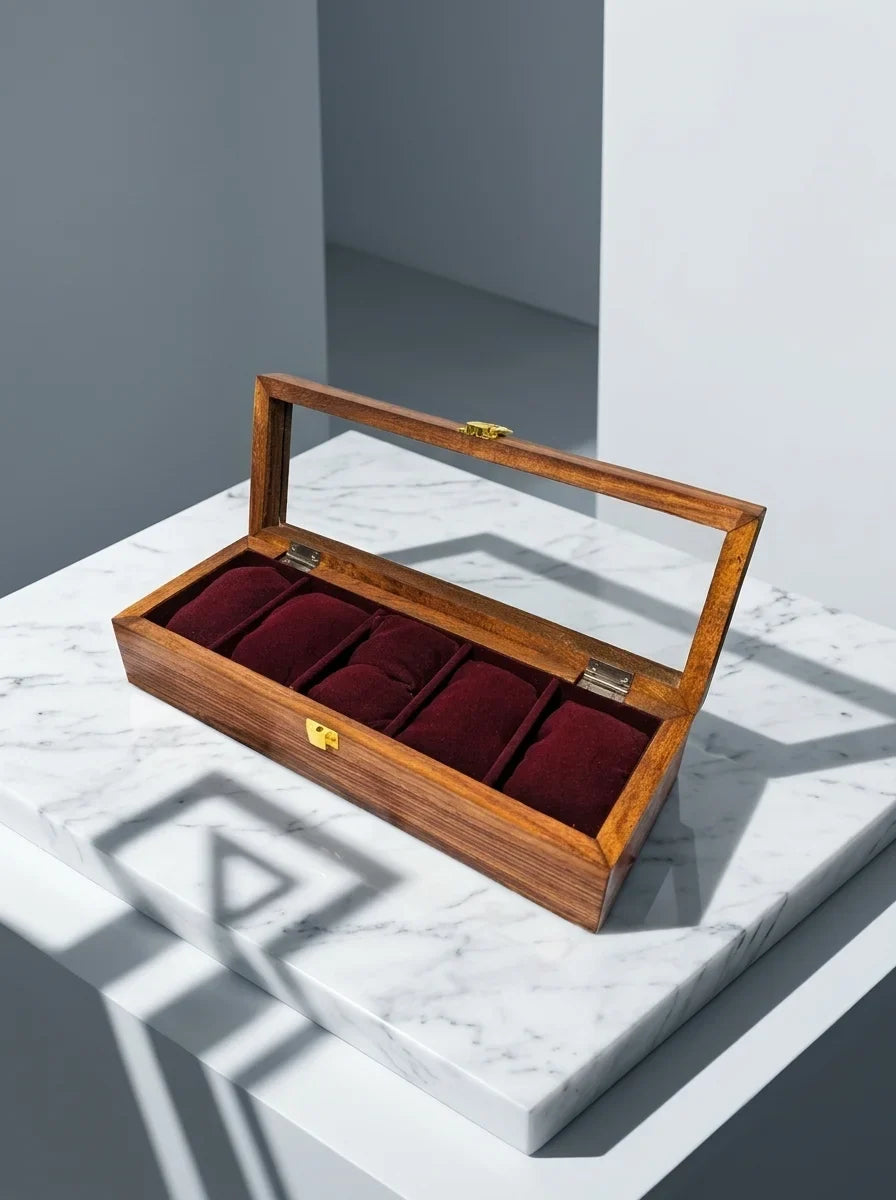 Handcrafted Sheesham Wood Watch Box with Glass Lid | Organizer for 5 Watches
