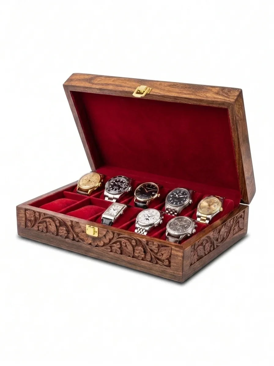 Handcrafted Wooden Watch Box 10 Slots | All-Around Carved | Soft Velvet | Sheesham Wood