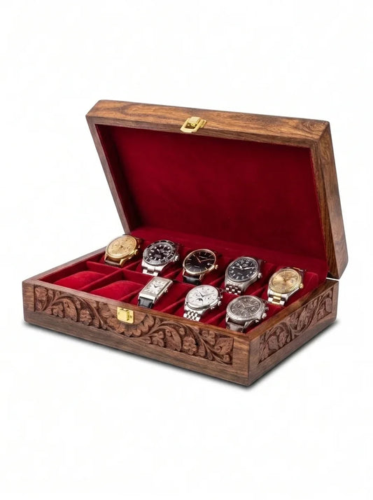 Handcrafted Wooden Watch Box 10 Slots | All-Around Carved | Soft Velvet | Sheesham Wood