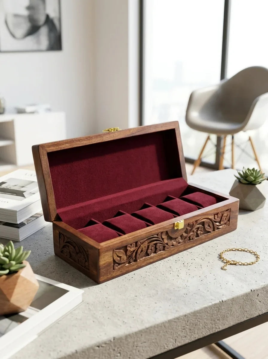 Handcrafted Wooden Watch Box - 5 Slots | Carved Sides, Shape-Holding Cushions | Sheesham Wood