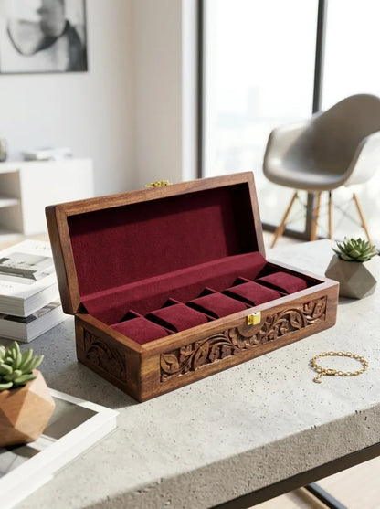 Handcrafted Wooden Watch Box - 5 Slots | Carved Sides, Shape-Holding Cushions | Sheesham Wood