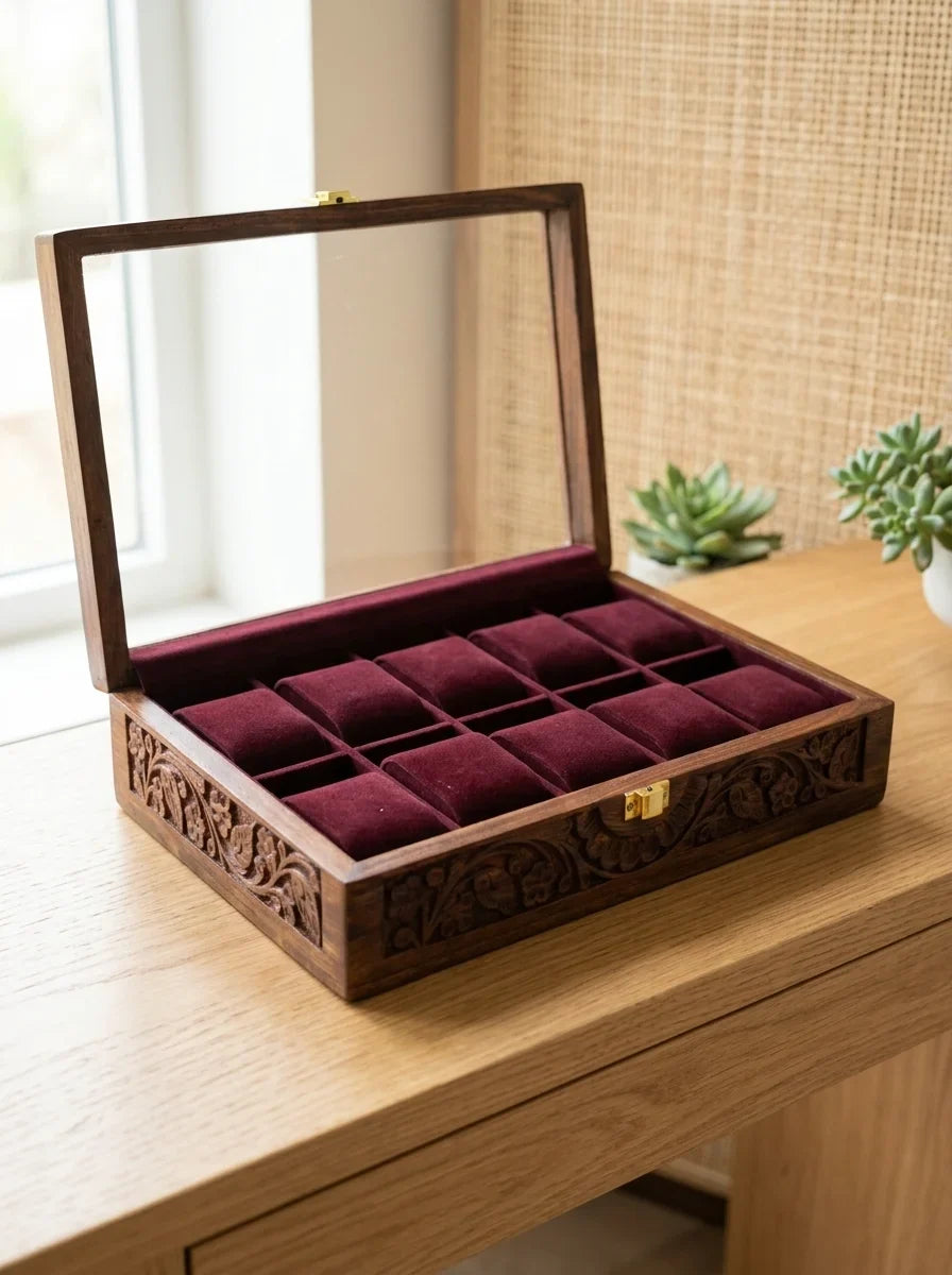 Handcrafted Wooden Watch Box | Glass Lid, Hand-Carved Panels, Shape-Holding Cushions, 10 Watches