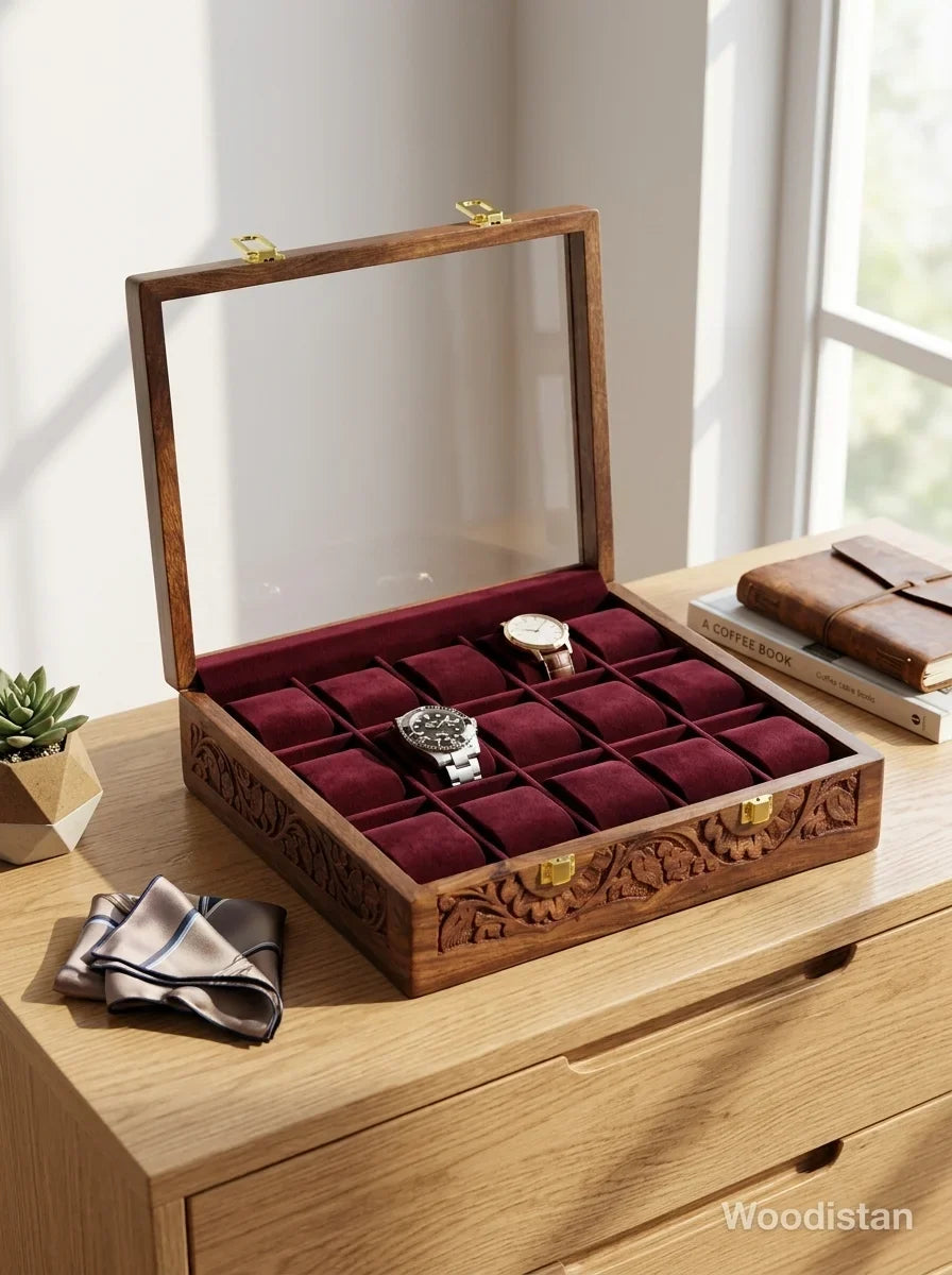 Handcrafted Wooden Watch Box 15 Slots | Glass Lid, All-Around Carved, Shape-Holding Cushions | Sheesham Wood