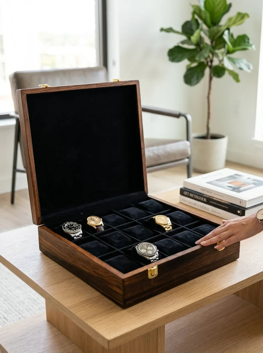 Handcrafted Wooden Watch Box | Plain Top, Plain Design, Shape-Holding Cushions, 15 Watches