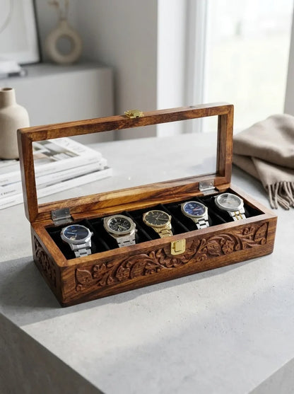 Handcrafted Wooden Watch Box 5 Slots | All-Around Carved | Soft Velvet | Sheesham Wood