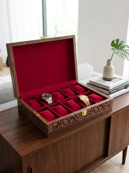Handcrafted Wooden Watch Box 10 Slots | All-Around Carved | Soft Velvet | Sheesham Wood