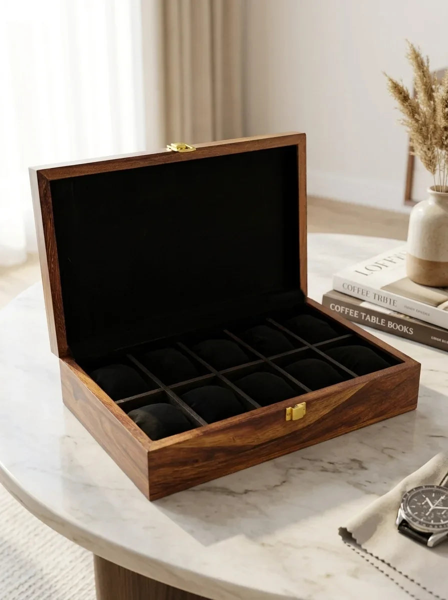 Handcrafted Wooden Watch Box, 10 Slots | Plain Top, Plain Design | Sheesham Wood