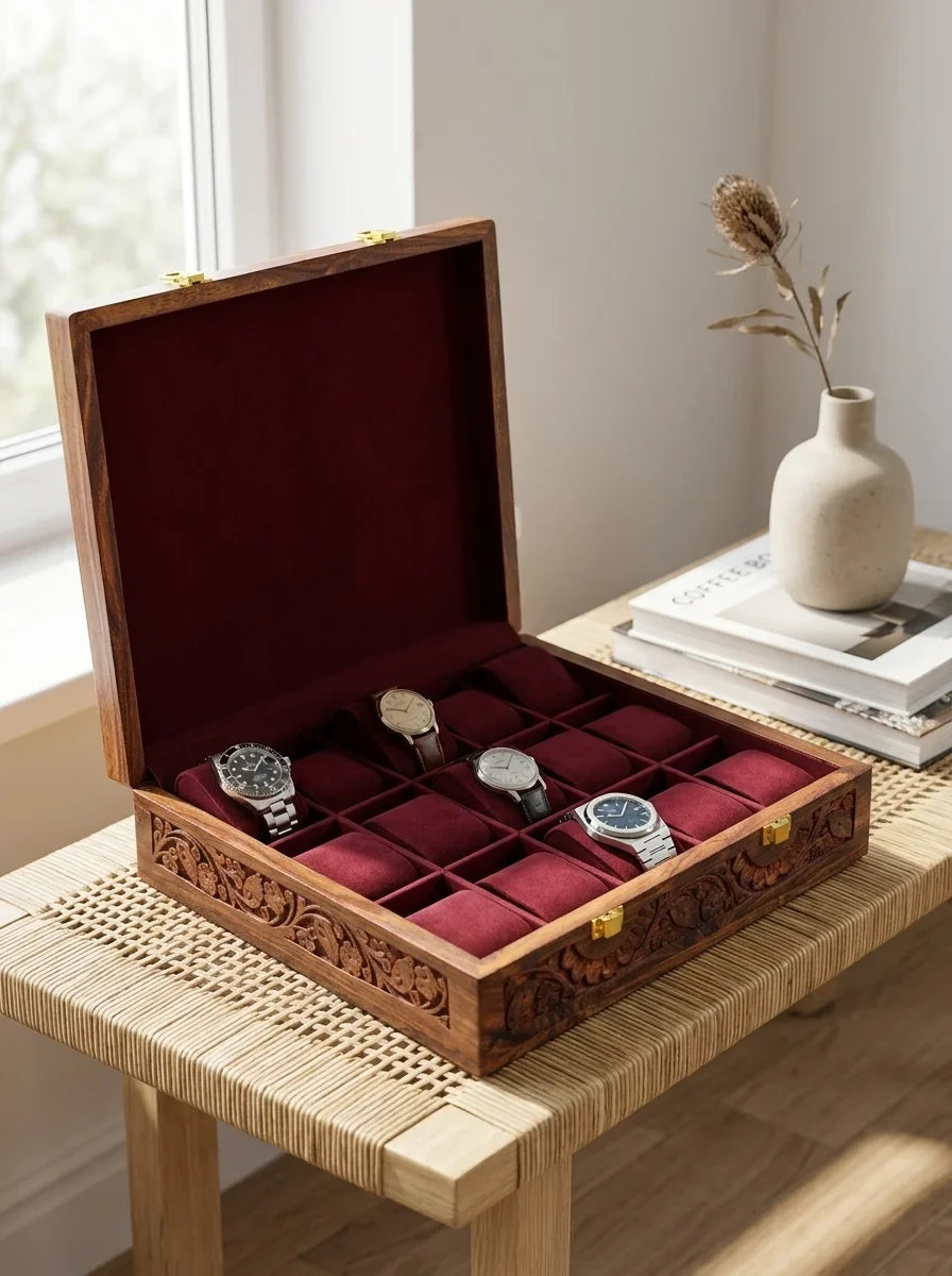 Handcrafted Wooden Watch Box | Plain Top, Carved Sides, Shape-Holding Cushions, 15 Watches