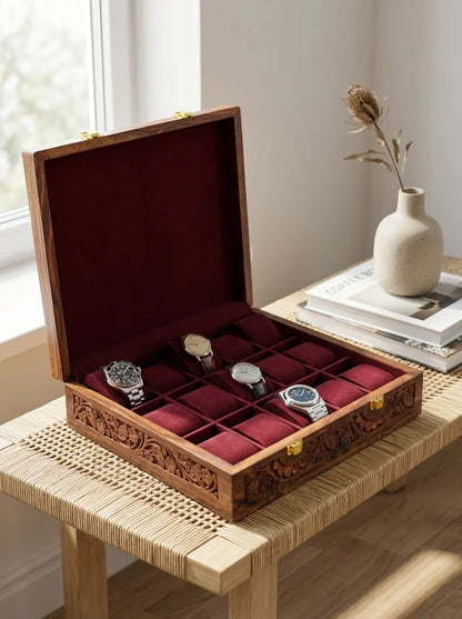 Handcrafted Wooden Watch Box | Plain Top, Carved Sides, Shape-Holding Cushions, 15 Watches