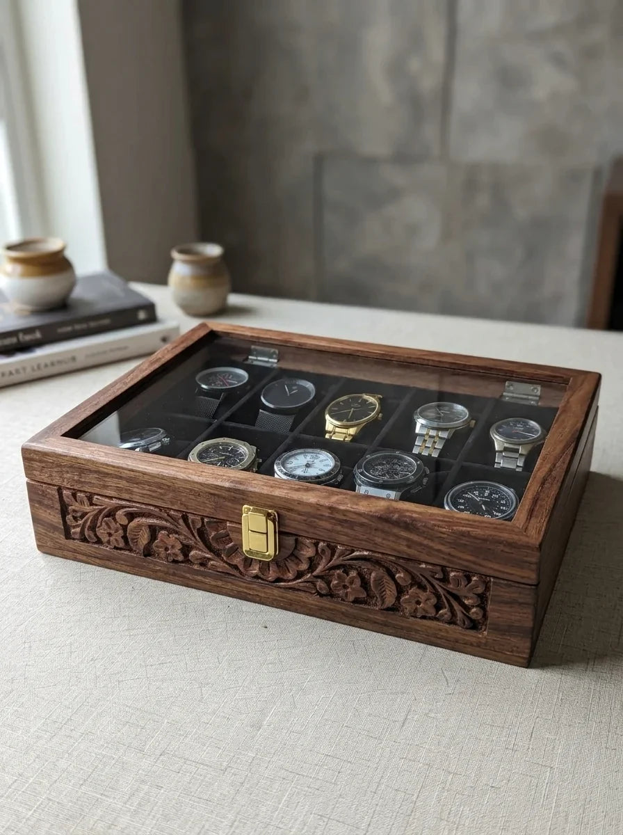 Handcrafted Wooden Watch Box 10 Slots | Glass Lid, Carved Design, Soft Velvet Cushions | Sheesham Wood