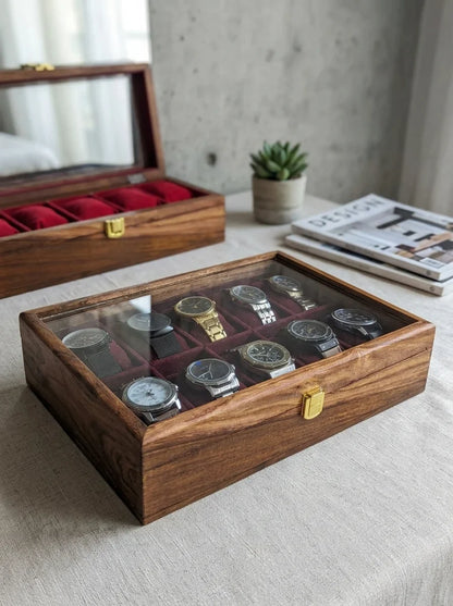 Handcrafted Wooden Watch Box 10 Slots | Glass Lid, Plain Design | Sheesham Wood