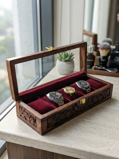 Handcrafted Wooden Watch Box | Glass Lid, Hand-Carved Panels, Shape-Holding Cushions, 5 Watches
