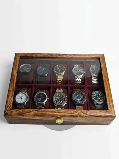 Handcrafted Wooden Watch Box 10 Slots | Glass Lid, Plain Design | Sheesham Wood