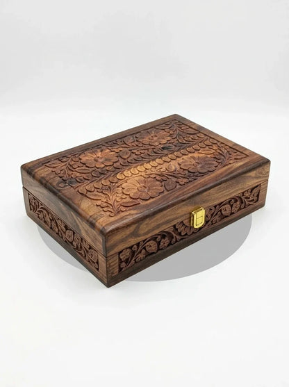 Handcrafted Wooden Watch Box 10 Slots | All-Around Carved | Soft Velvet | Sheesham Wood