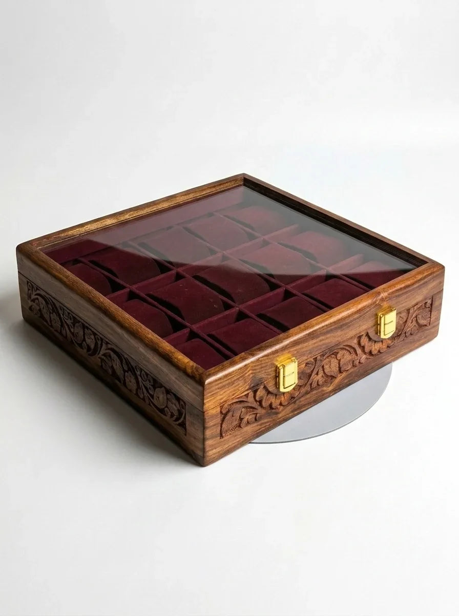 Handcrafted Wooden Watch Box 15 Slots | Glass Lid, All-Around Carved, Shape-Holding Cushions | Sheesham Wood