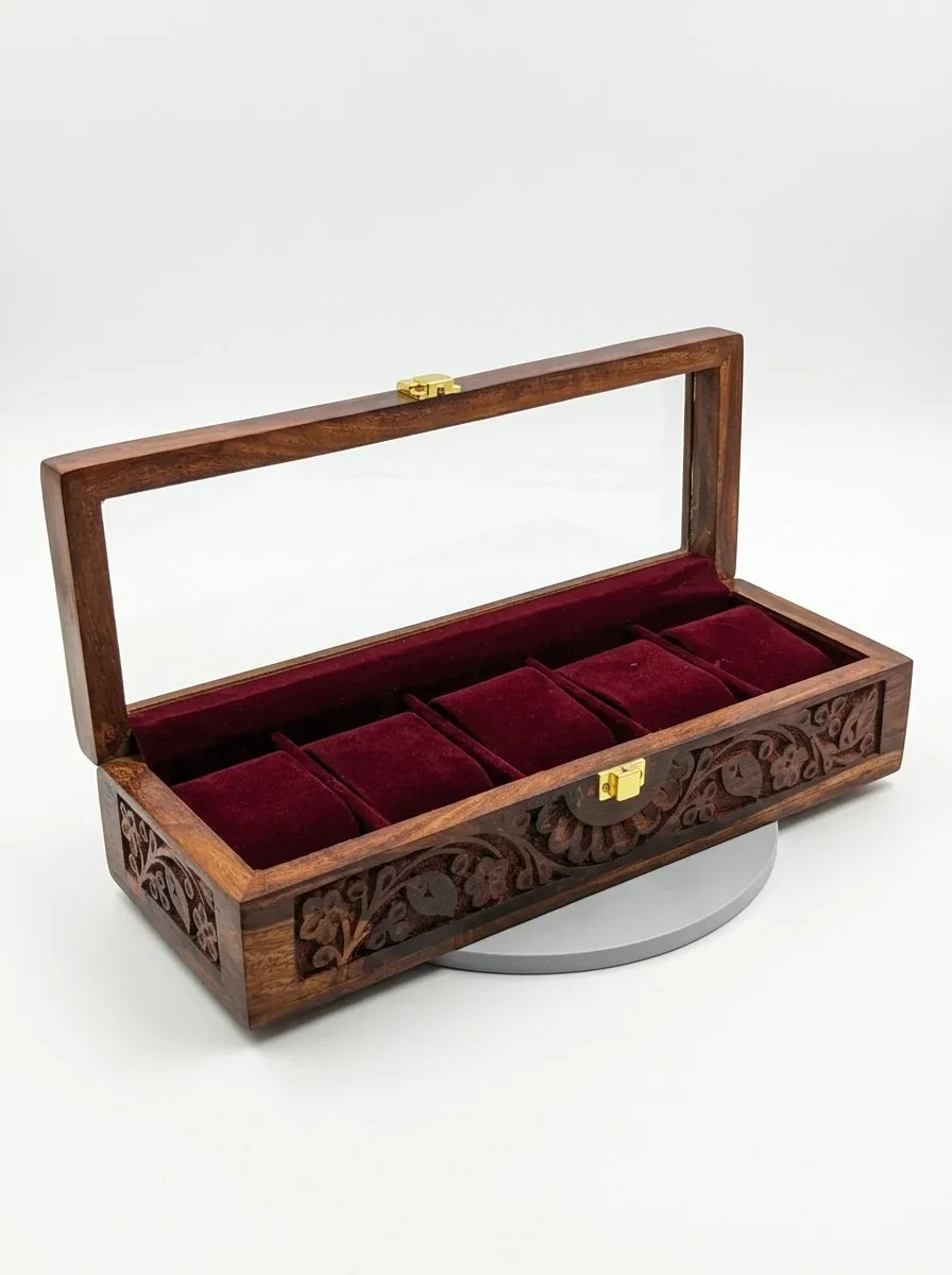 Handcrafted Wooden Watch Box | Glass Lid, Hand-Carved Panels, Shape-Holding Cushions, 5 Watches