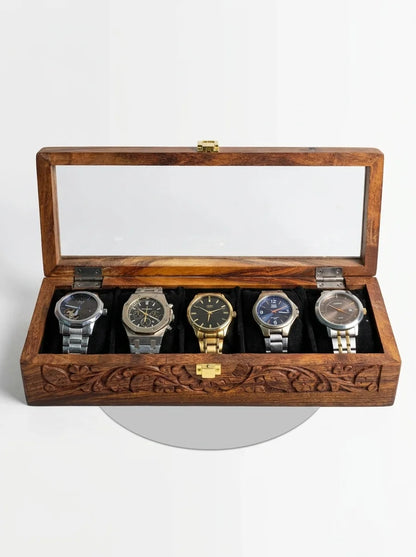 Handcrafted Wooden Watch Box 5 Slots | All-Around Carved | Soft Velvet | Sheesham Wood