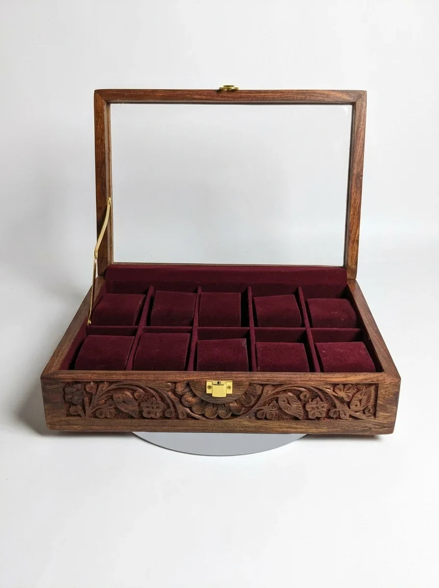 Handcrafted Wooden Watch Box | Glass Lid, Hand-Carved Panels, Shape-Holding Cushions, 10 Watches