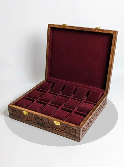 Handcrafted Wooden Watch Box | Plain Top, Carved Sides, Shape-Holding Cushions, 15 Watches
